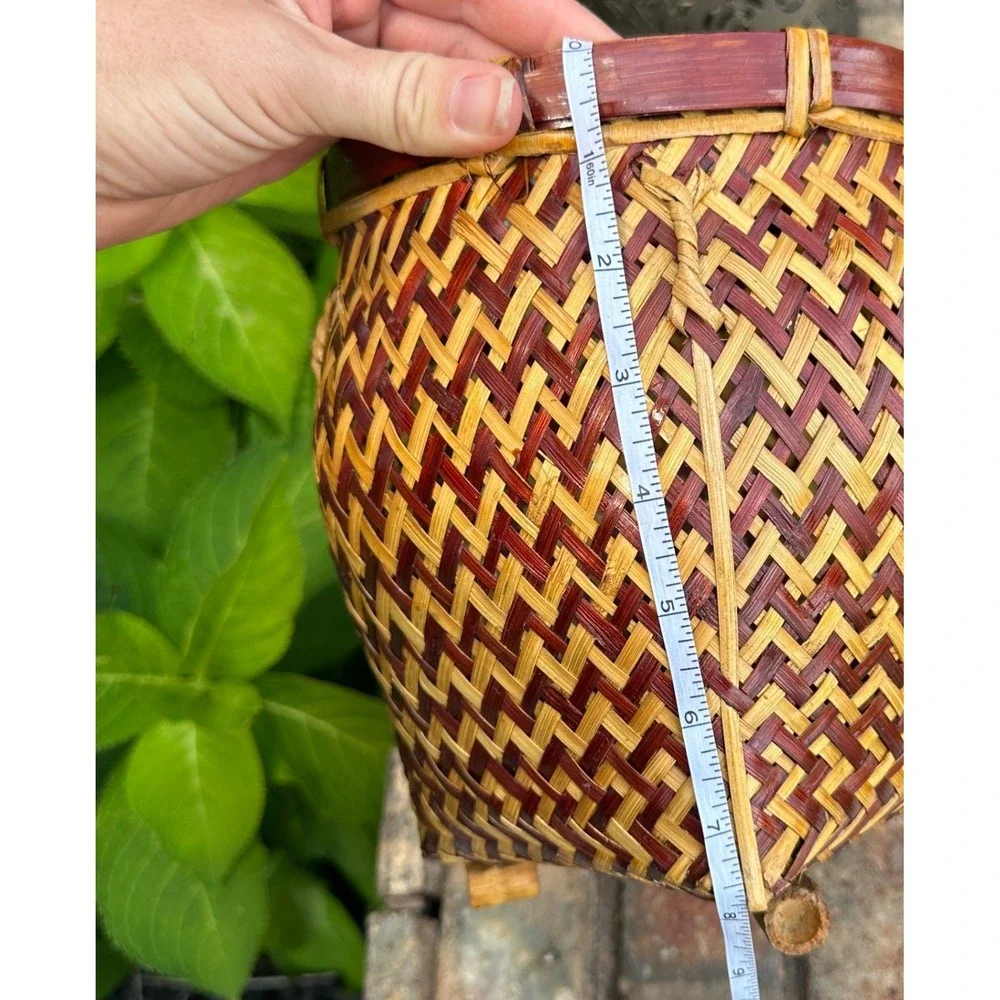 Vintage Woven Bamboo Basket Two Tone Brown Natural Footed Decorative Pot Small